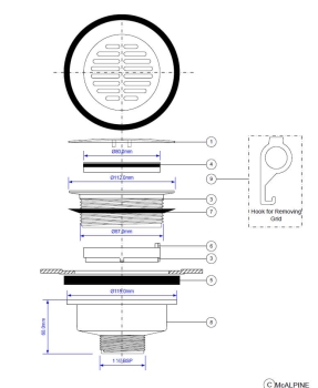 Preview: Technische Zeichnung eines Duschwannenablaufs ohne Siphon Radialdesign. Die Abbildung zeigt alle Montagedetails und Einzelteile des Ablaufsystems mit genauen Maßangaben. Der Ablauf ist passend für Duschwannen mit 90 mm Ablaufloch und einem Anschlussmaß vo